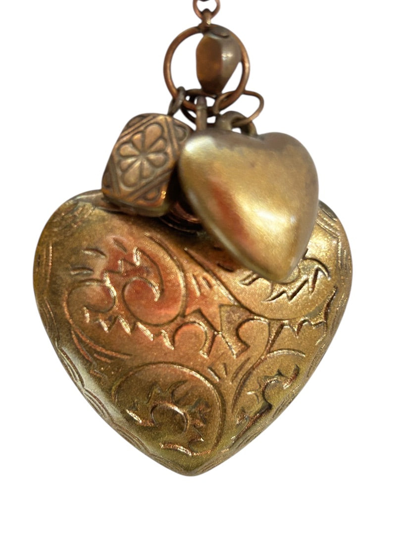 Copper Color Charm Necklace Overhead 29 Inch Chain Puffy Heart