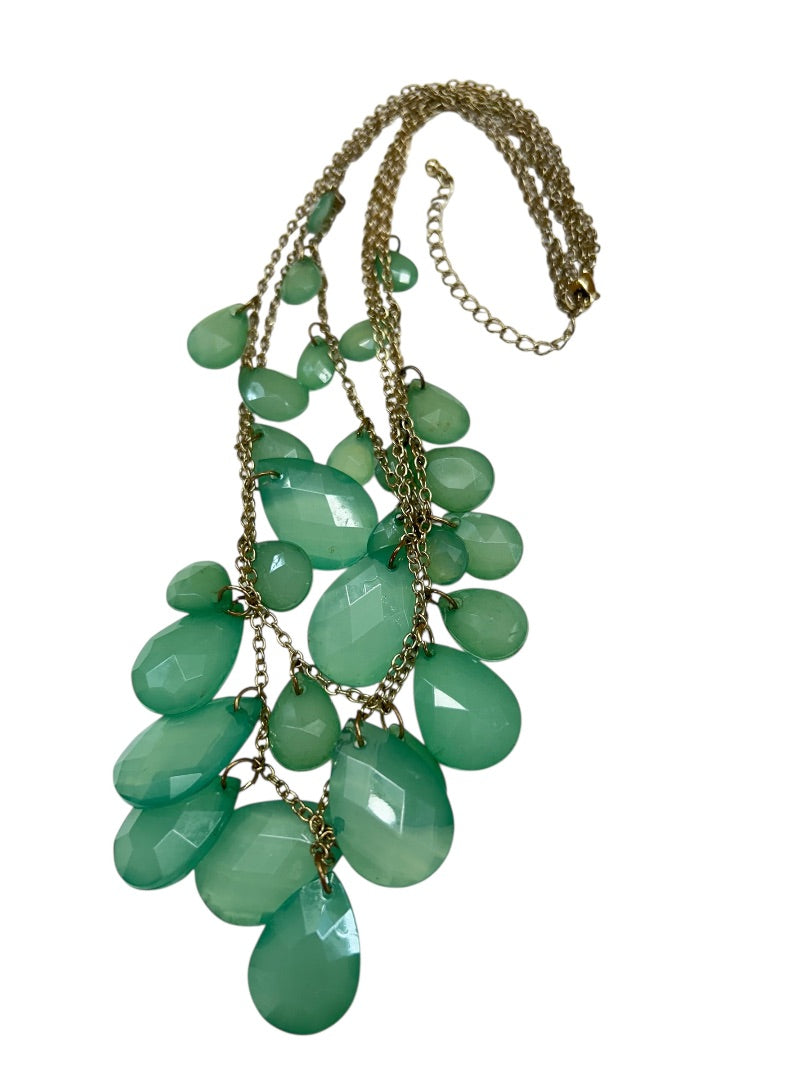 Goldtone Green Statement Tiered Necklace Acrylic Faceted 18-20 Inch
