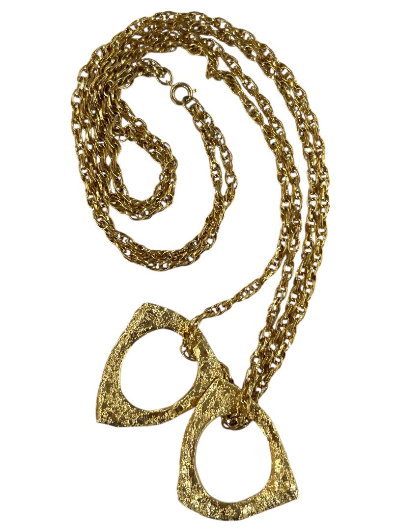 Goldtone Statement Necklace Double Strand 21 Inch Oversize Pendants