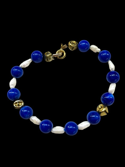 Blue and Freshwater Pearl 7 Inch Bracelet Goldtone Spring Clasp