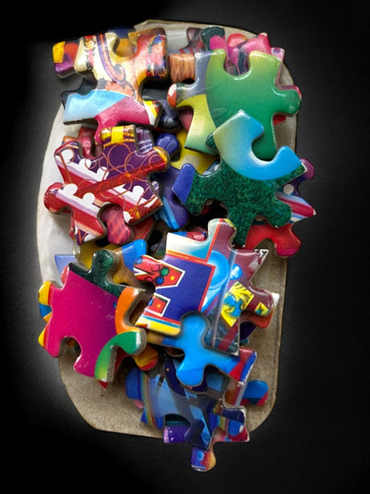 Handmade Brooch Puzzle Pieces 3.5" x 1" Bright Colorful Pin