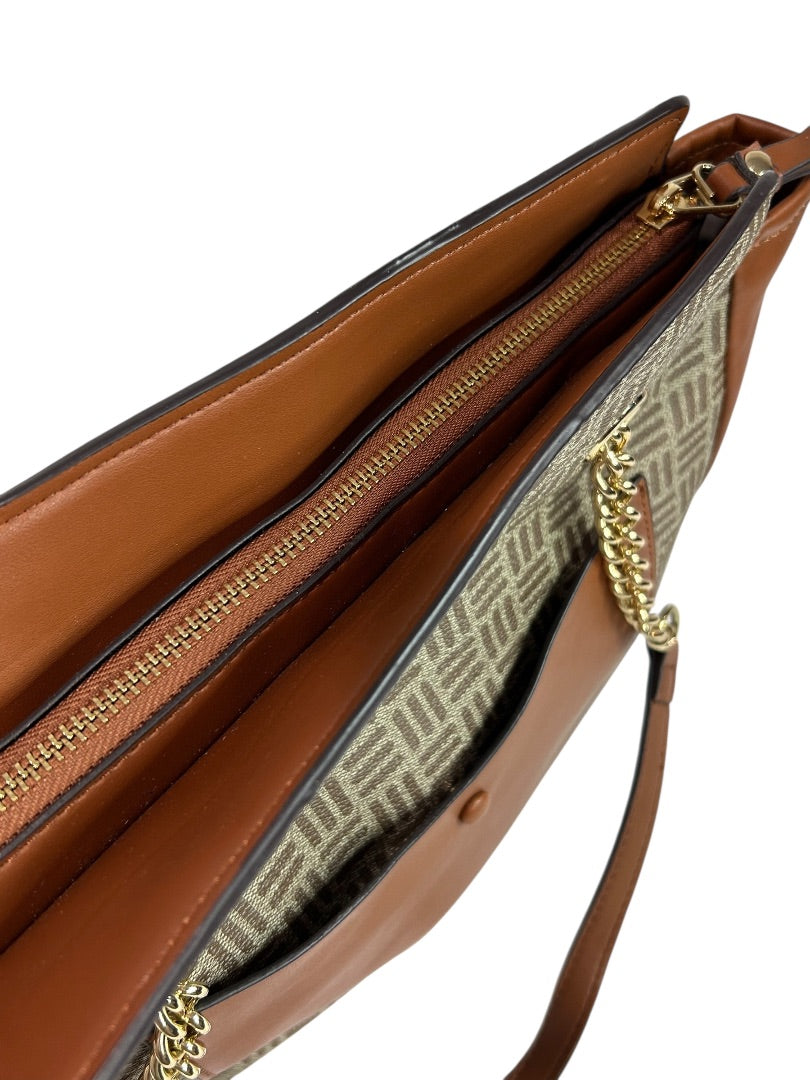 Anne Klein Tote Bag Brown Tan Monogram Chain Strap Purse Zip Pocket Logo