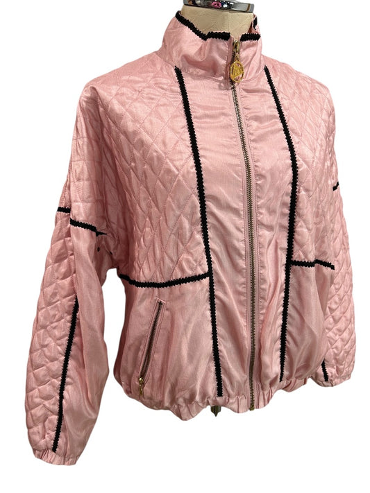 XS Tail Womens Track Jacket Pink Quilted Satin 80s Retro Zip Up Black Trim