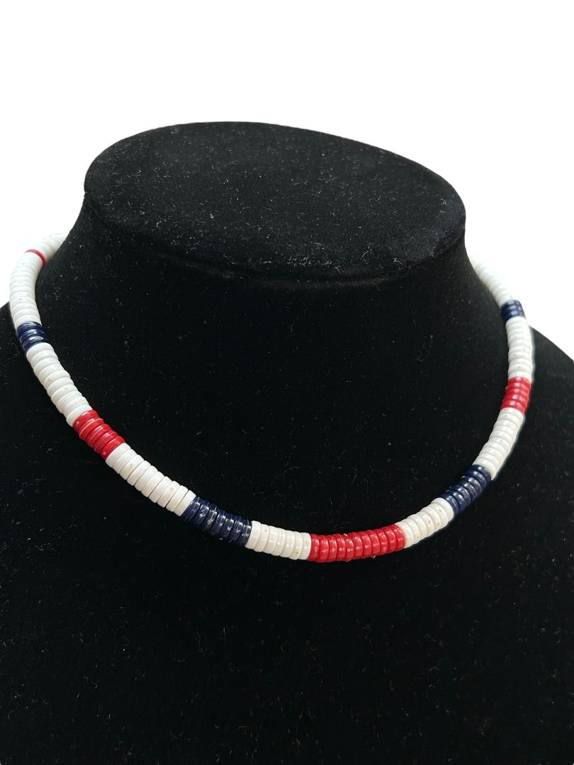 Vintage Red White Blue Barrel Clasp Necklace 15.5 Inch