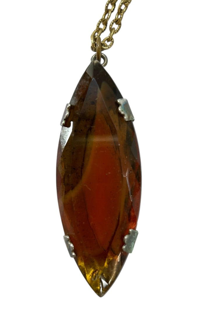 Vintage Goldtone Chain Pendant Necklace Acrylic Amber 23 Inch