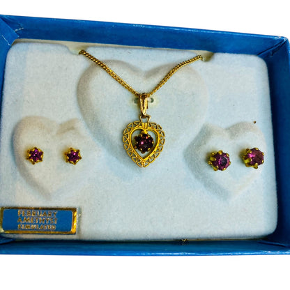 Vintage Simulated Amethyst Goldtone Necklace Earring Set New Old Stock Heart Stud