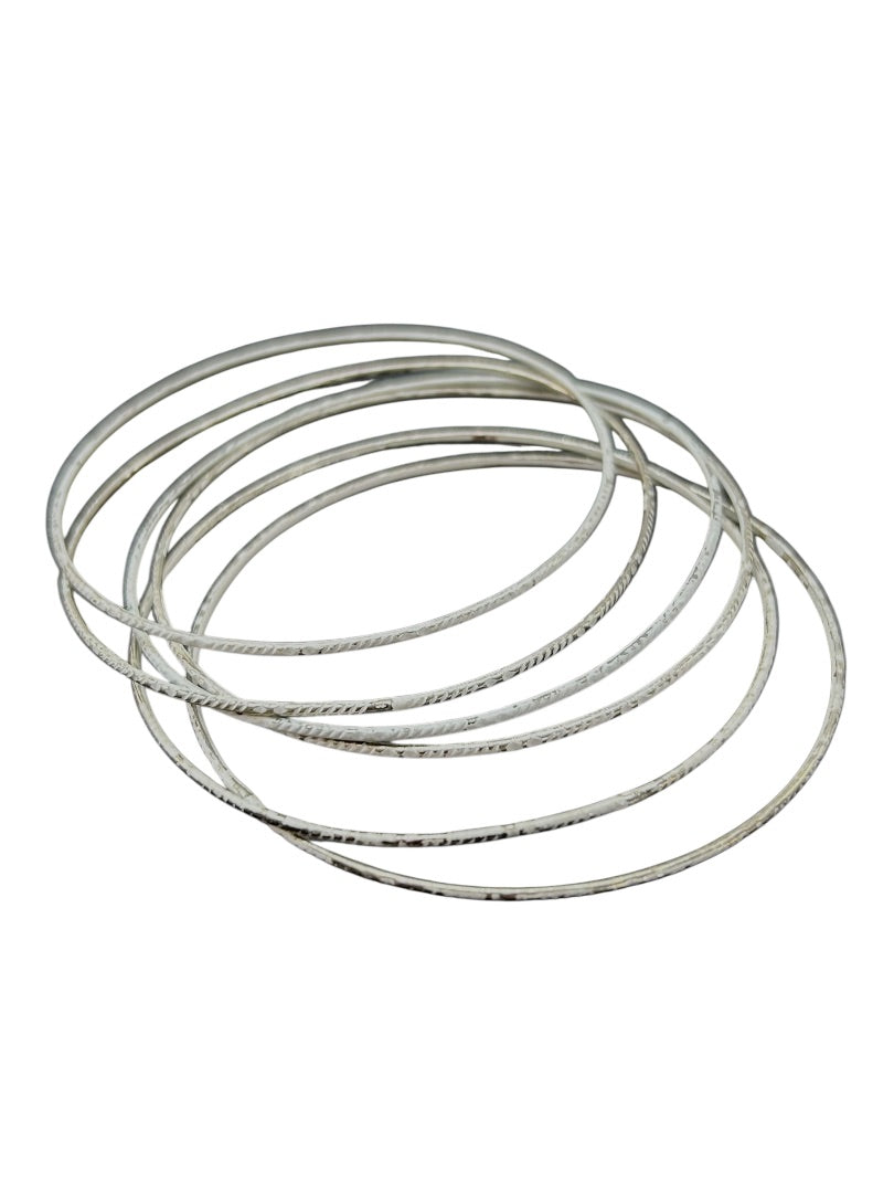Set of 6 Silvertone Whitewashed Thin Bangle Bracelet 2.6 Inch Inside Diameter