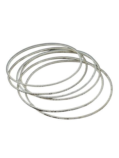 Set of 6 Silvertone Whitewashed Thin Bangle Bracelet 2.6 Inch Inside Diameter
