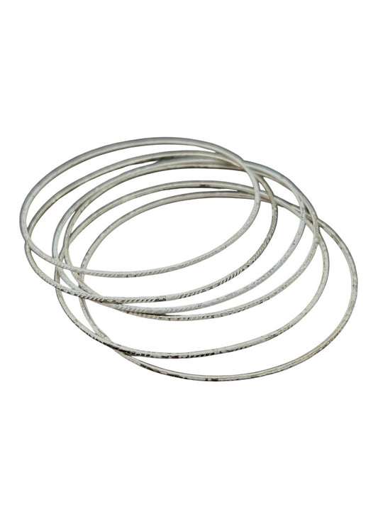 Set of 6 Silvertone Whitewashed Thin Bangle Bracelet 2.6 Inch Inside Diameter