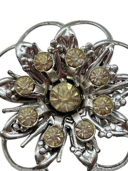 Silvertone Brooch Flower Shape Yellow Rhinestones 1.5 Inch Vintage