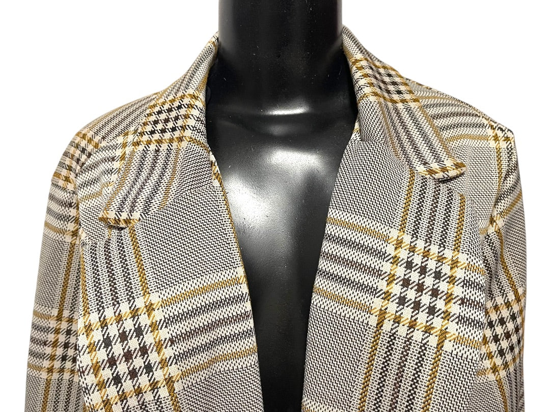 1X Melloday Collared Long Plaid Open Jacket Pockets Womens Retro