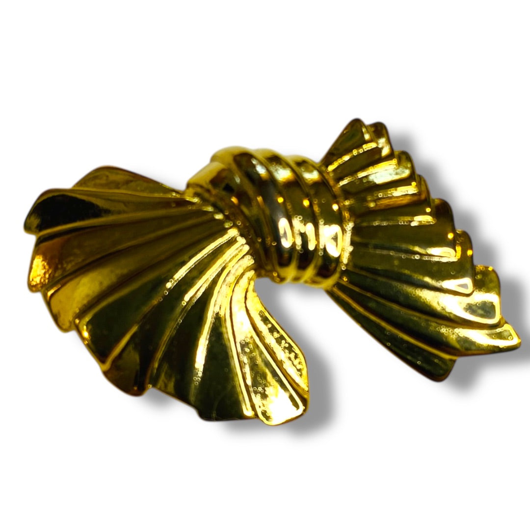 Goldtone Bow Brooch Pin Pleated 1" x 1.5" Costume Jewelry