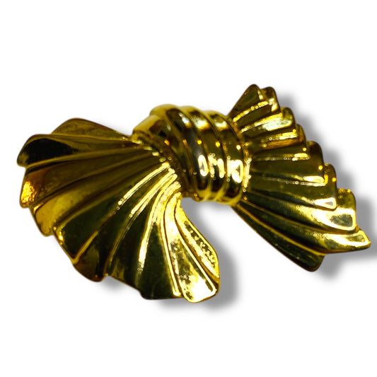 Goldtone Bow Brooch Pin Pleated 1" x 1.5" Costume Jewelry