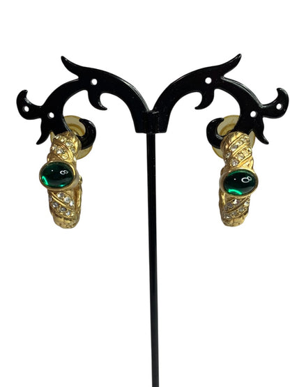 Goldtone Swarovski Hoop Pierced Post Earrings Green Crystal 1 Inch Drop