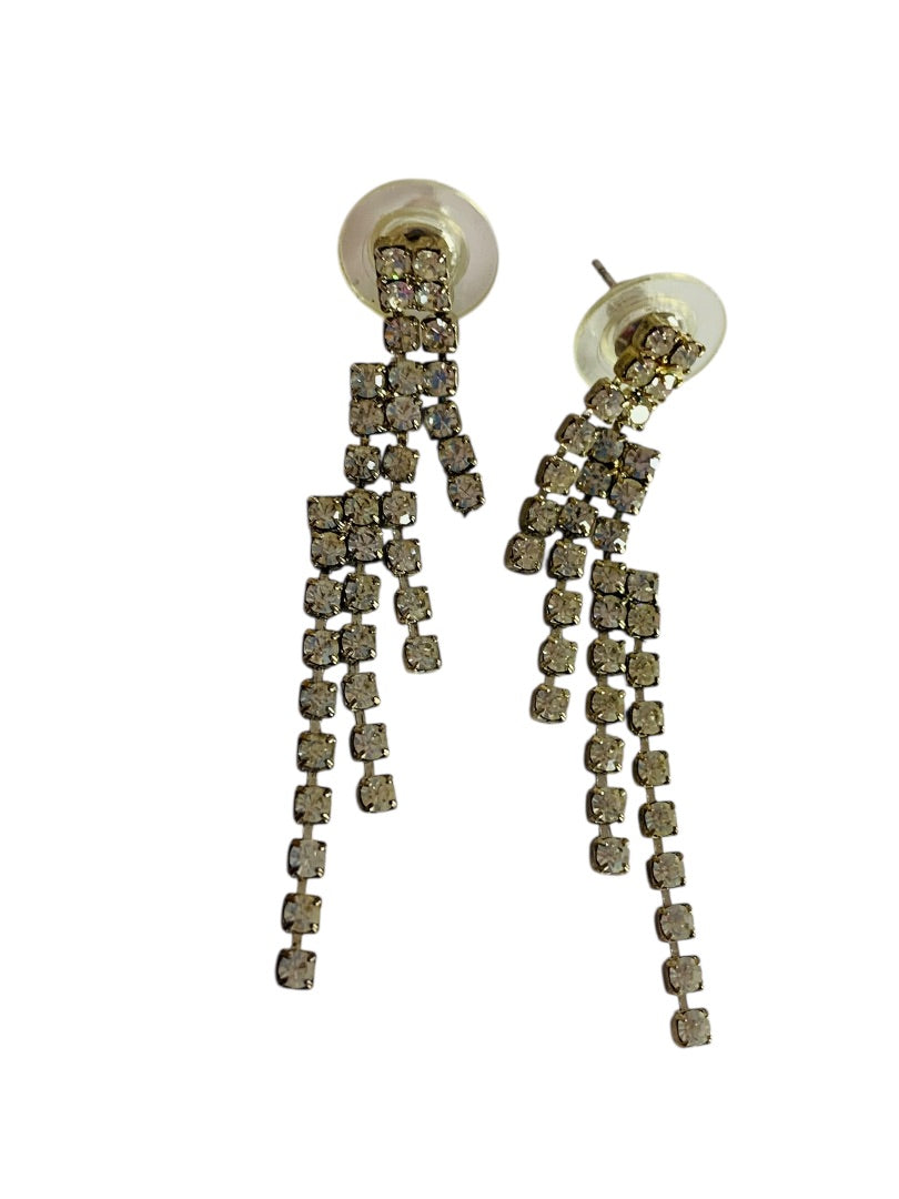 Vintage Silvertone Rhinestone Earrings Post Pierced Swag Movement 2" Drop