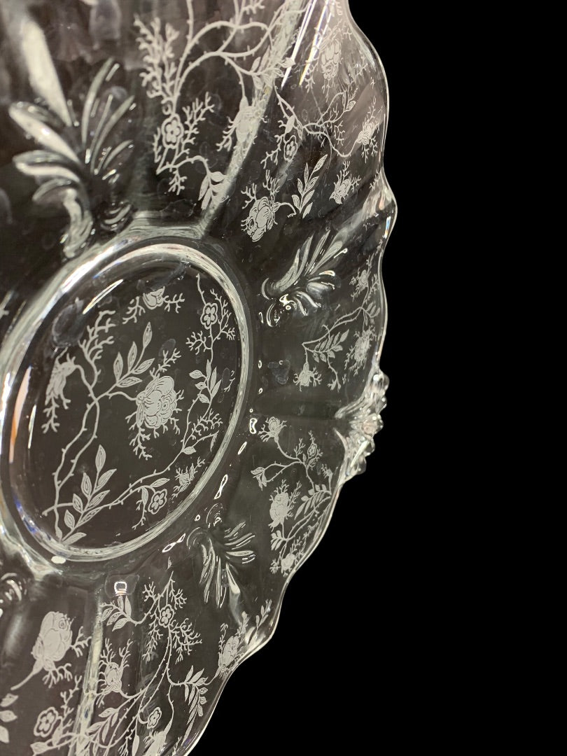 Fostoria Chintz Vintage Etched Glass Handled Cake Plate 10.25 Inch