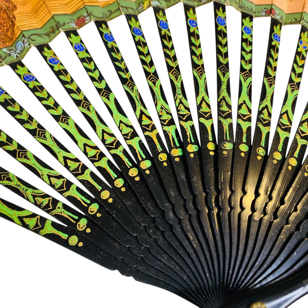 Vintage Hand Fan Vibrant Asian Paper Black Lacquer 10.5 Inch