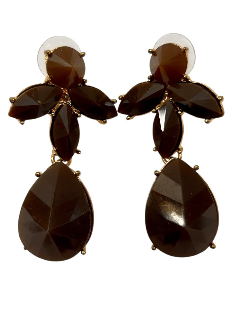 Goldtone Brown Acrylic Statement Post Pierced Earrings 2" Drop