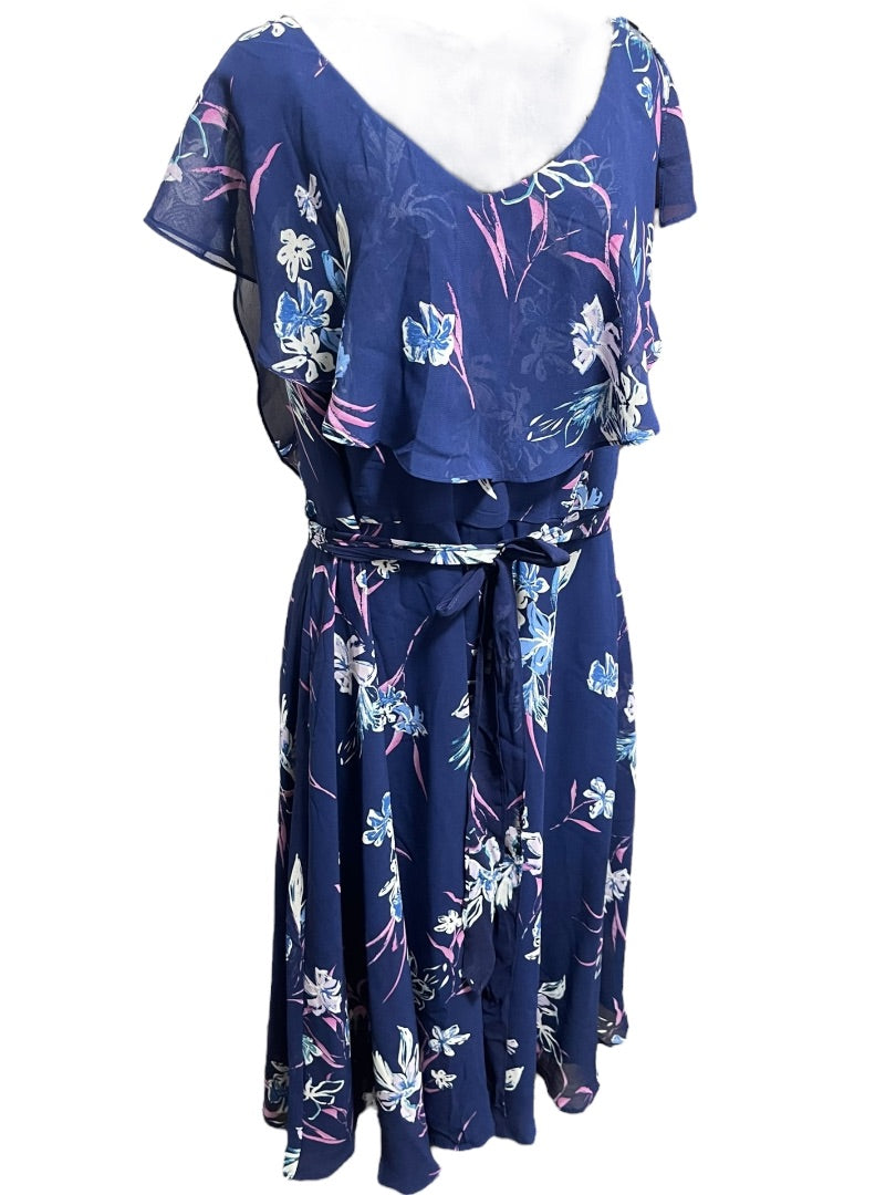 Size 24 Lane Bryant Floral Lined Split Flutter Sleeve Midi Dress Zipper Tie