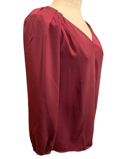 XS Loft Womens Burgundy Pullover Blouse Satiny Top V-Neck Long Sleeve