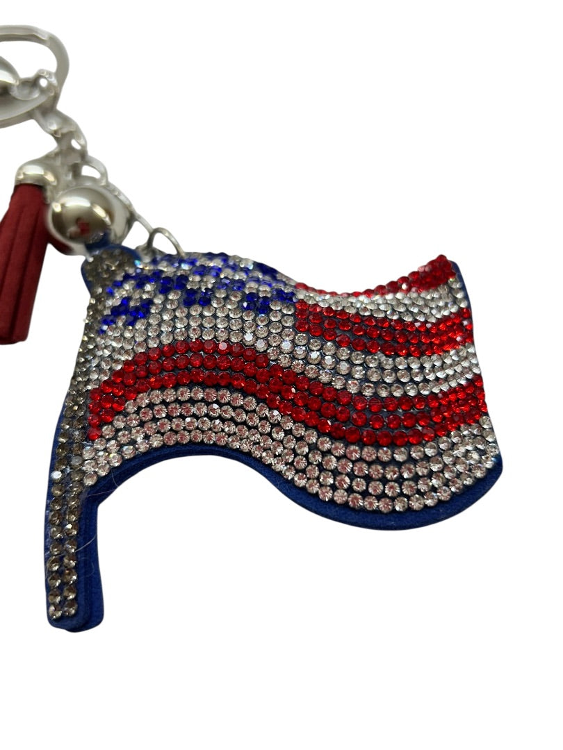 Puffy American Flag Rhinestone Keychain Key Ring 2.5 Inch