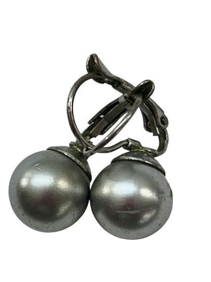 Silvertone Gray Faux Pearl Earrings Pierced Leverback .75 Inch Drop Dangle