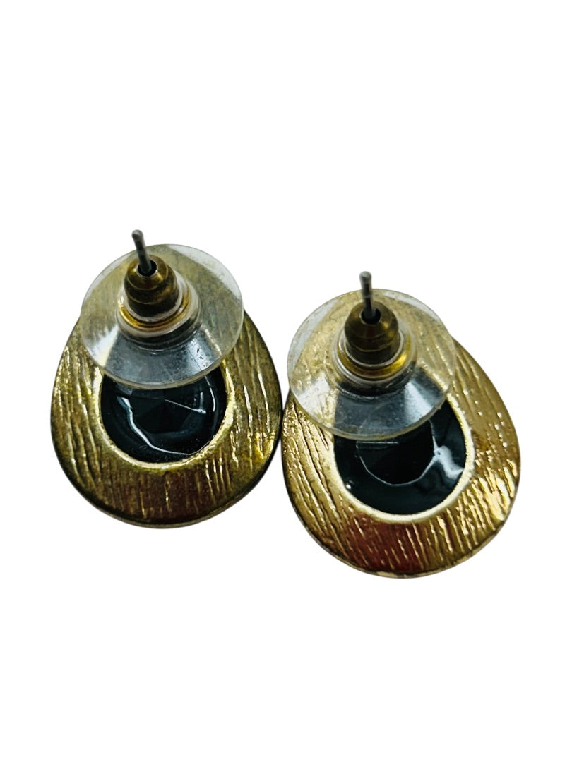 Goldtone Faceted Acrylic Black Post Pierced Earrings Teardrop .75"