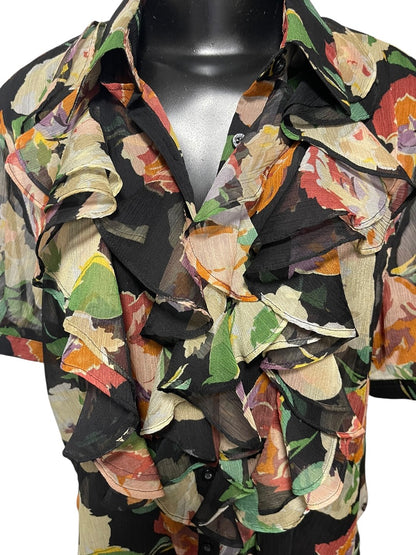 XL Lauren Ralph Lauren Sheer Floral Ruffled Button Down Blouse New Womens