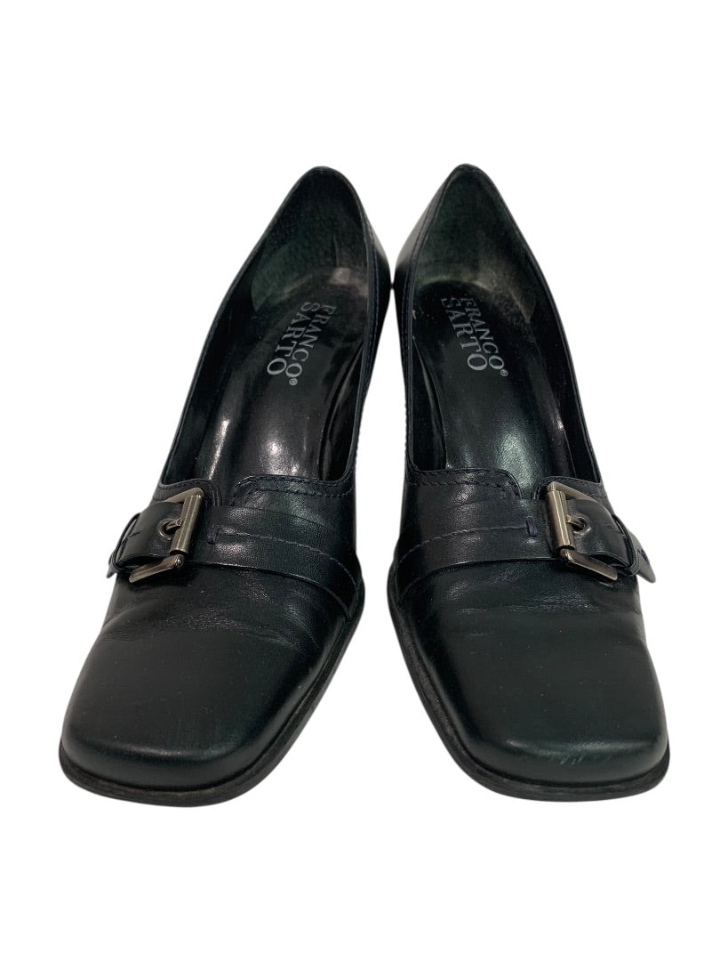 Size 7.5M Franco Sarto Womens Black Leather Shoes Square Toe 3" Heel