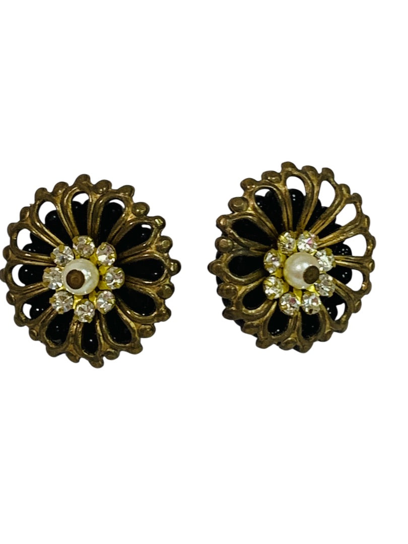 Retro Style Post Pierced Earrings Goldtone Black Beaded Rhinestones .8"