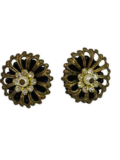 Retro Style Post Pierced Earrings Goldtone Black Beaded Rhinestones .8"