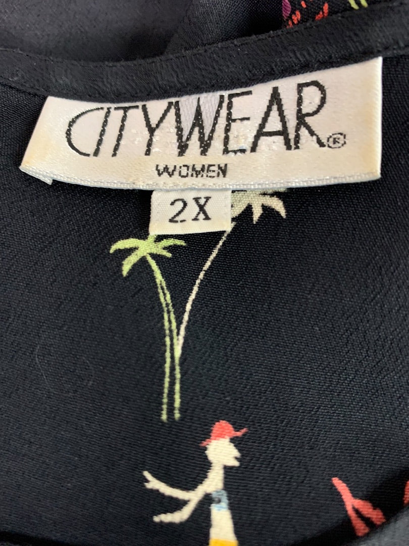2X CityWear Women Black Beach Print Dress 42" Length