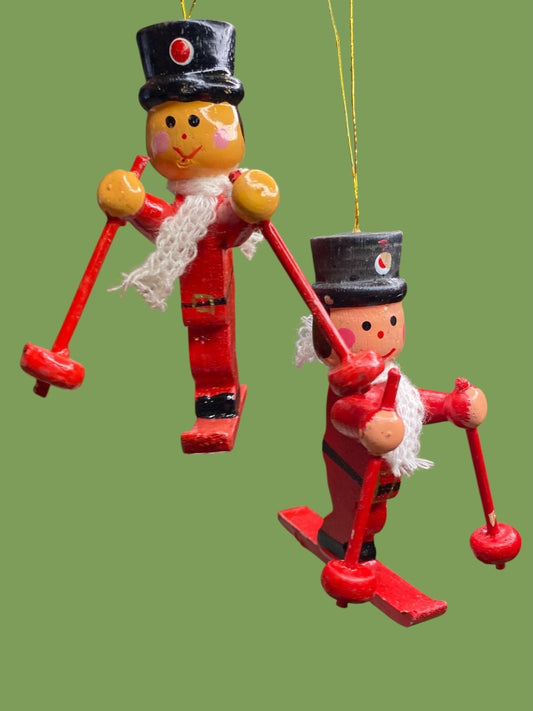 Vintage Wooden Christmas Holiday Ornaments Skiers 3.5" Red