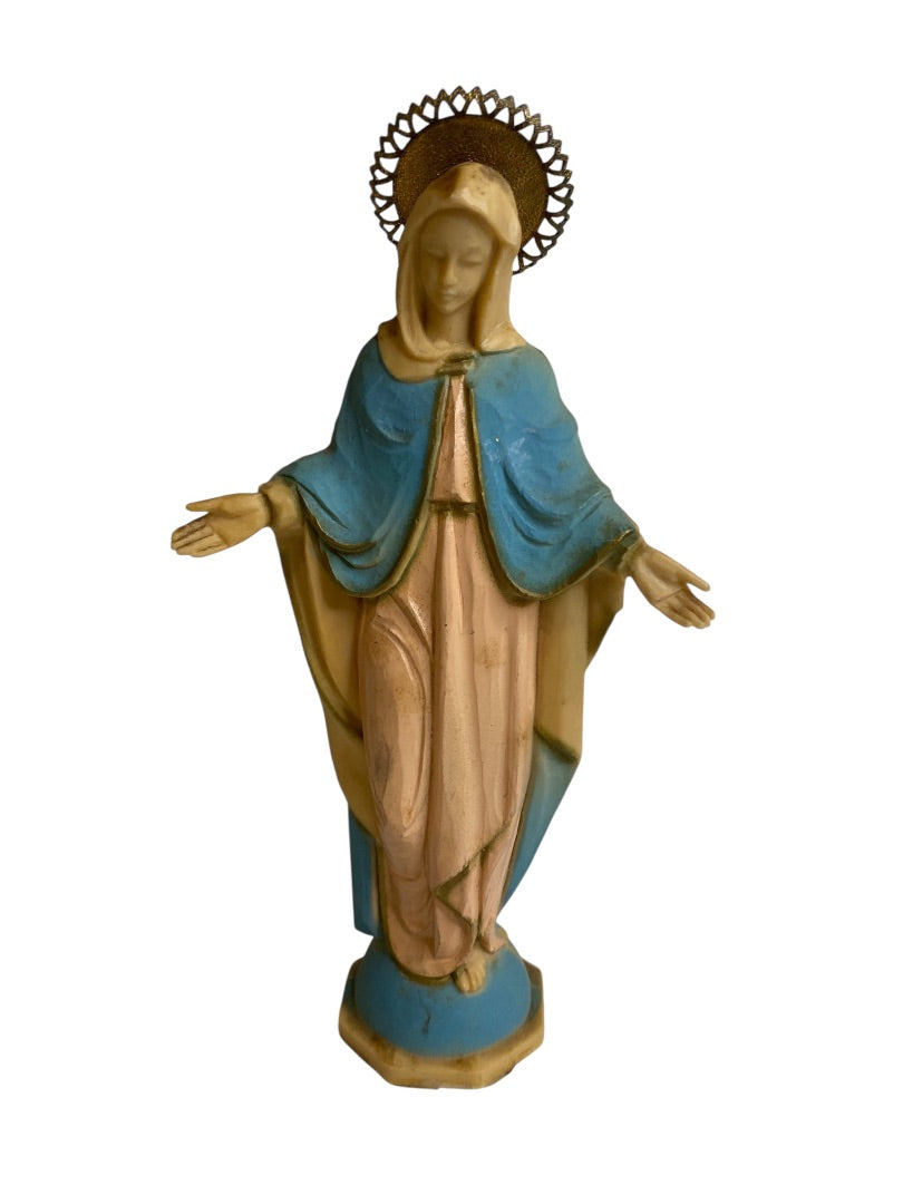 Vintage Virgin Mary Statue Figurine Acrylic Metal Pink Blue 6"