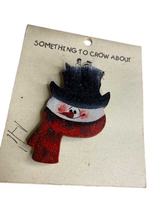 Snowman Brooch Lightweight Wood 2.5" Pin Winter Something to Crow About