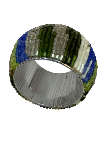 Set of 12 Beaded Napkin Rings Silvertone White Blue Green Stripes
