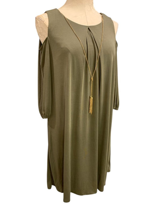 Small Luxology Olive Green New Shift Dress Cold Shoulder Detachable Necklace