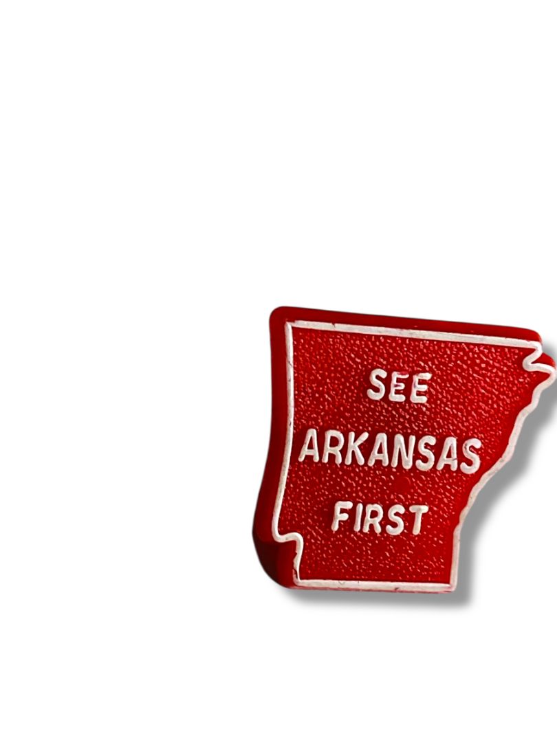 Vintage Red Plastic Lapel Pin See Arkansas First State .75"