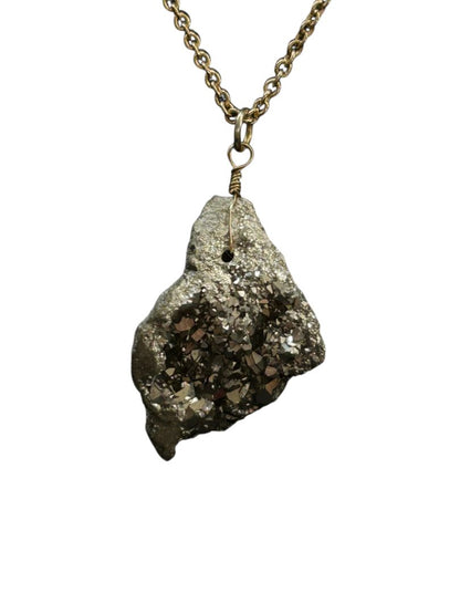 Rough Pyrite Necklace 28" Goldtone Chain 1" Stone