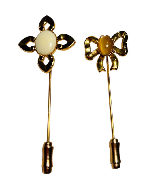 Set of 2 Stick Pins Goldtone Flower Bow Pink Cream Color 2.25"