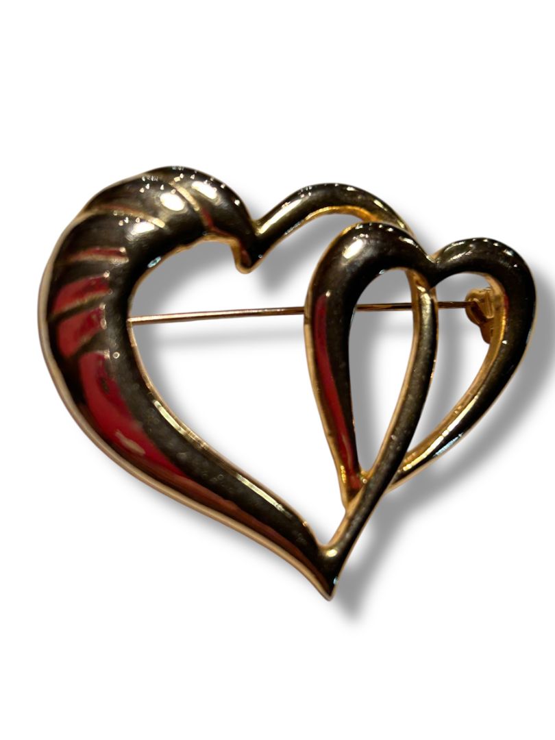 Goldtone Brooch Pin Intertwined Joined Hearts 1.75"