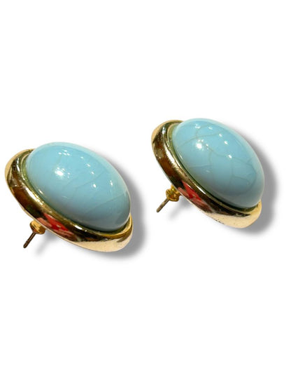 Vintage Goldtone Marbled Blue Post Pierced Earrings .9" Diameter