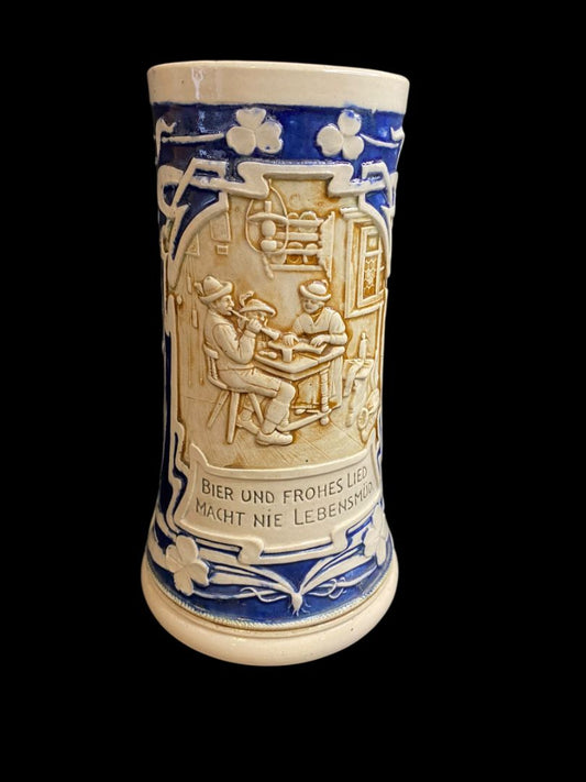 Vintage German Beer Stein Cobalt Stoneware Bier Und Scene in Relief