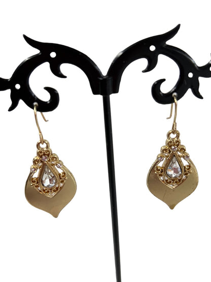 Goldtone Pierced Hook Earrings 1 3/4" Drop Dangle Teardrop Shape