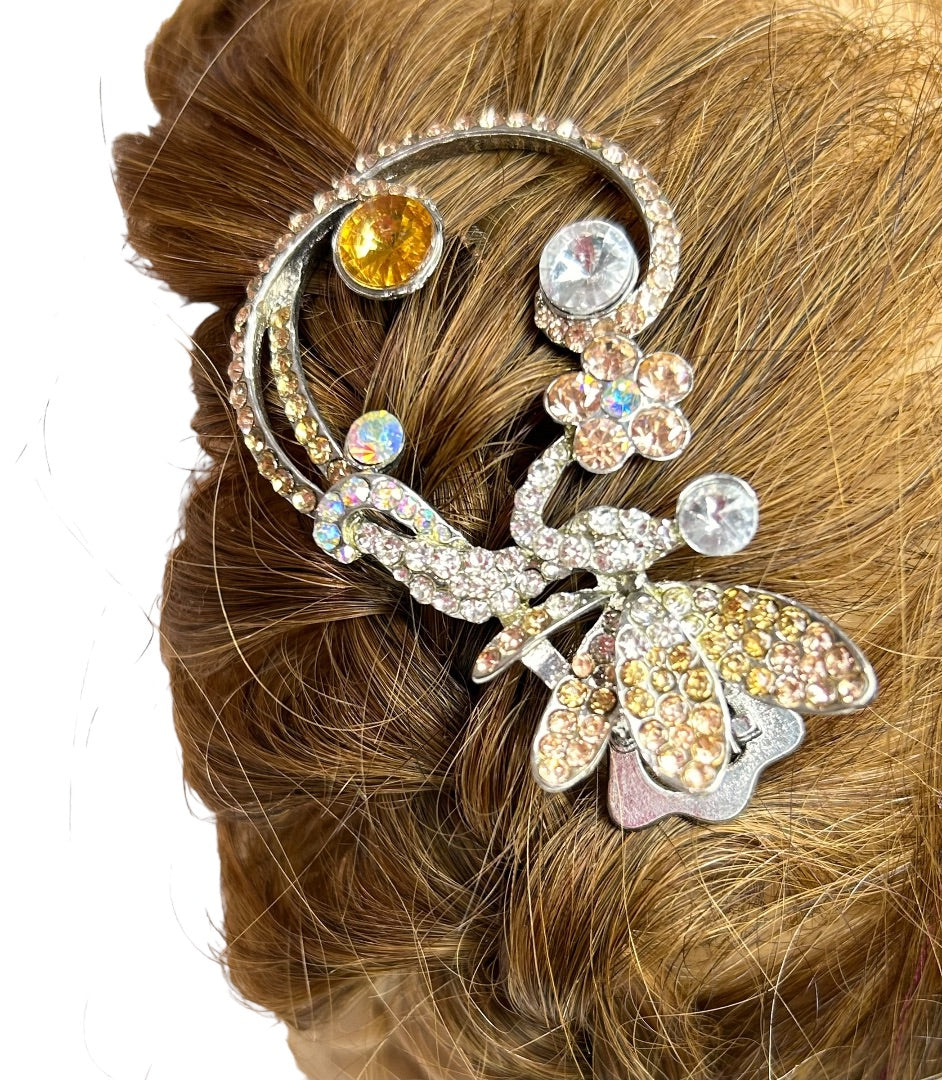 Multicolor Rhinestone 3.5" Hair Clip Hair Accessory Formal Silvertone