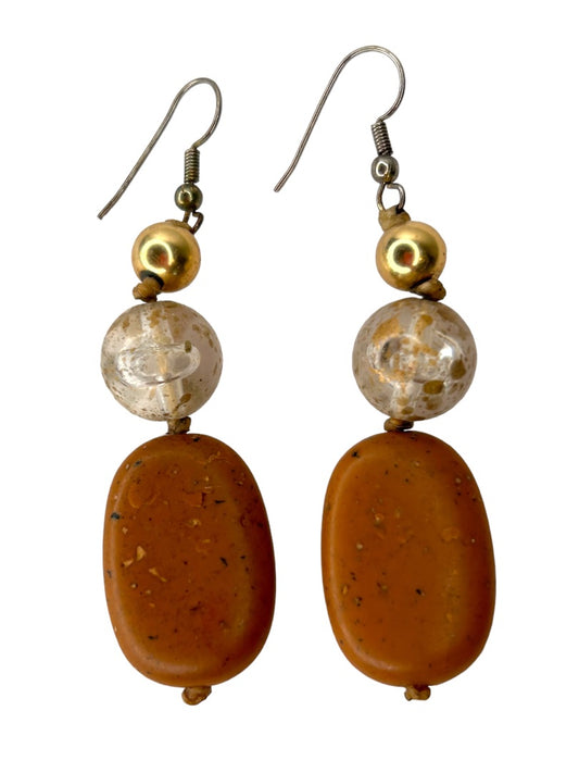 Faux Stone 2 1/8" Drop Dangle Pierced Earrings Hook Brown