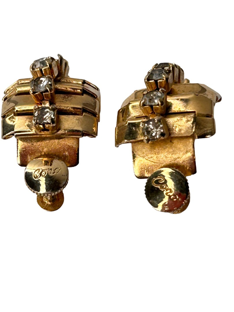 Signed Coro Screwback Non-Pierced Earrings Goldtone Rhinestone Hoop 1 1/8"