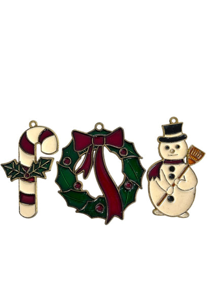 Set of 3 Stained Glass Holiday Ornaments Snowman Candy Cane Wreath