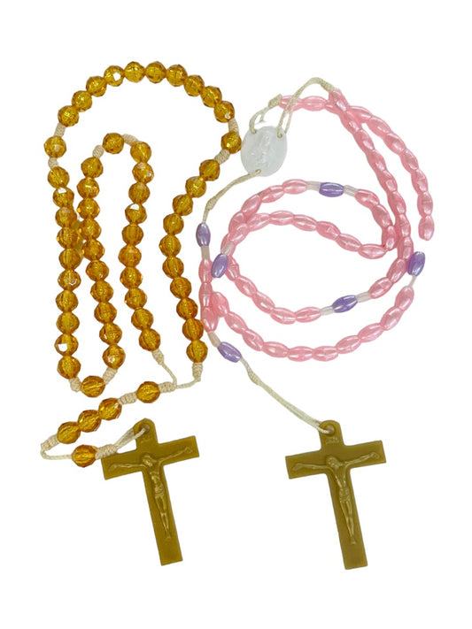 Set of 2 Vintage 1990s Rosary Beads Plastic Pink Acrylic Amber Color