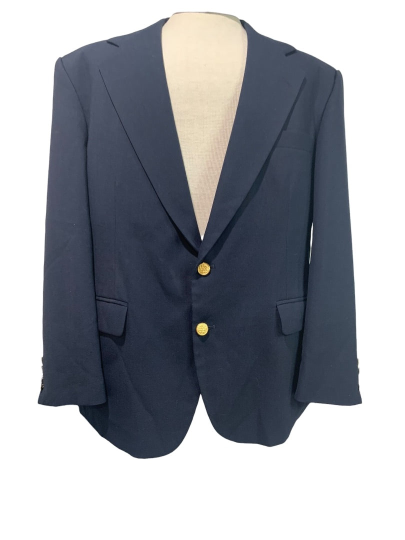 42S Haggar Clothng Co Mens Suit Coat Navy Blue Brass Color 2 Button Sportcoat